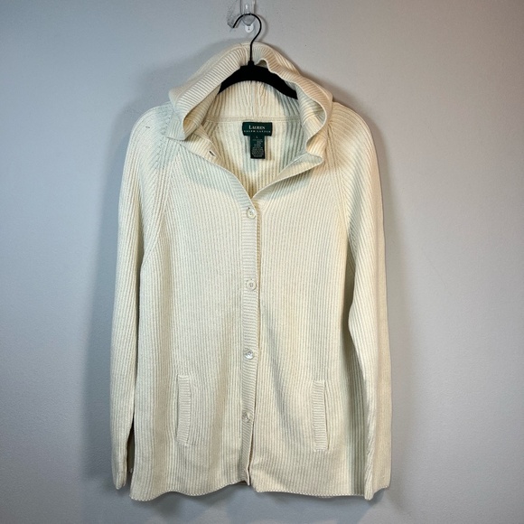 Lauren Ralph Lauren Women's Hooded Button Front Cardigan Sweater Cream  Sz Large - Picture 1 of 16